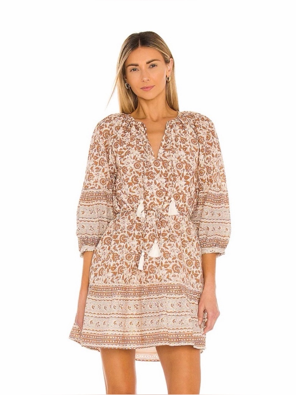 Cleobella Rosy Floral Long Sleeve Mini Dress Tamil Block Beige